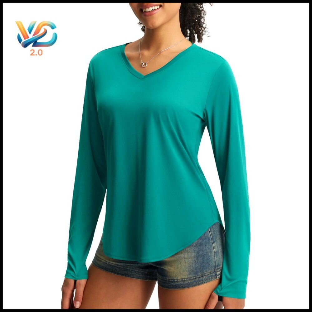 Long Sleeve V-Neck Rash Guard UPF50+ Quick Dry Lightweight Workout Top